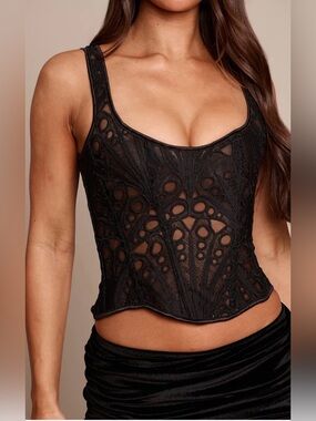 PrettyLittleThing NWT Black Sheer Floral Corset Top Boho Club Festival Size 8